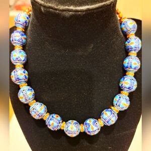 Vintage Handmade Blue & Gold Beaded Necklace